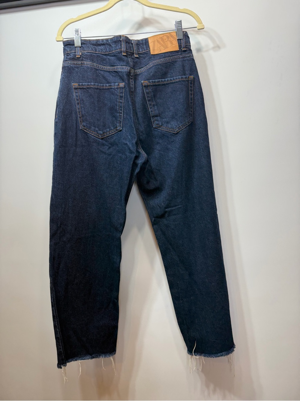Zara High Rise Dark Wash 100% Cotton Raw Hem Straight Leg Jeans - Picture 8 of 13